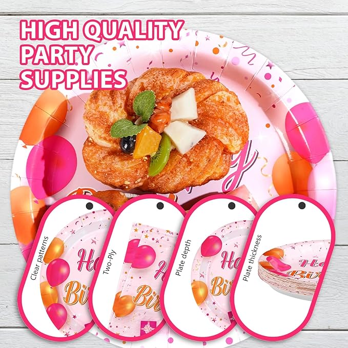 96Pcs Pink and Orange Birthday Party Decorations Pink and Orange Plates and Napkins Disposable Tableware Sets for Sunset Theme Birthday Party Decorations Serves 24