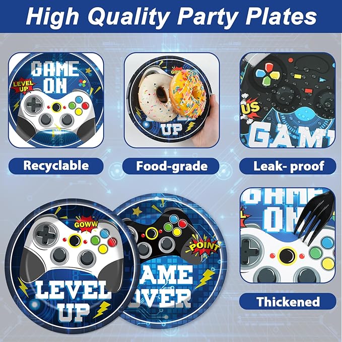 48PCS Video Game Birthday Plates Video Gaming Themed Party Decorations Gaming Paper Plates for Gamers Boys Birthday Decorations 7" Gaming Controller Dessert Plate Disposable for Gamer Party Supplies