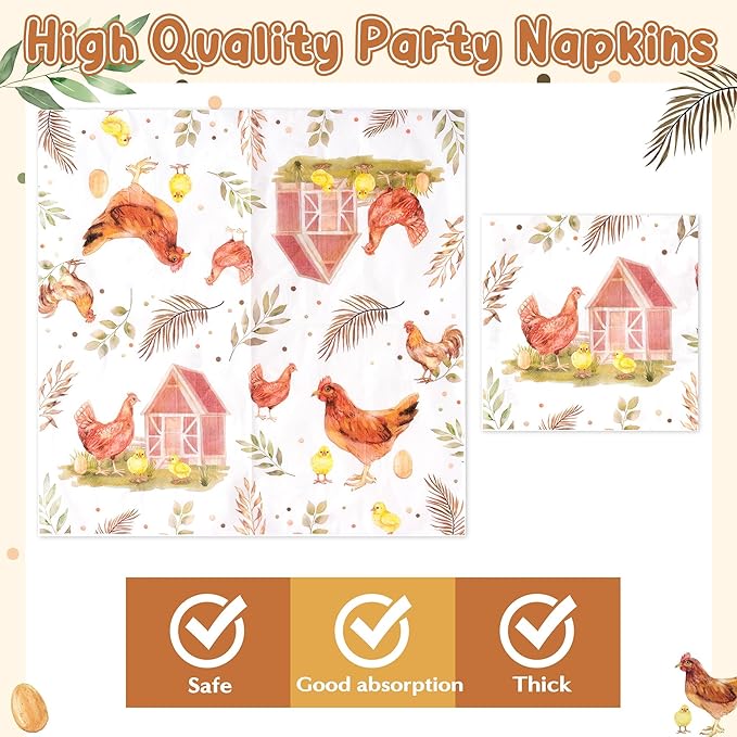 96Pcs Chicken Barnyard Farm Animal Watercolor Hen Chick Party Plates Supplies Tableware Decoration Disposable Paper Plate Napkin Fork for Kids Birthday Baby Shower, Serves 24
