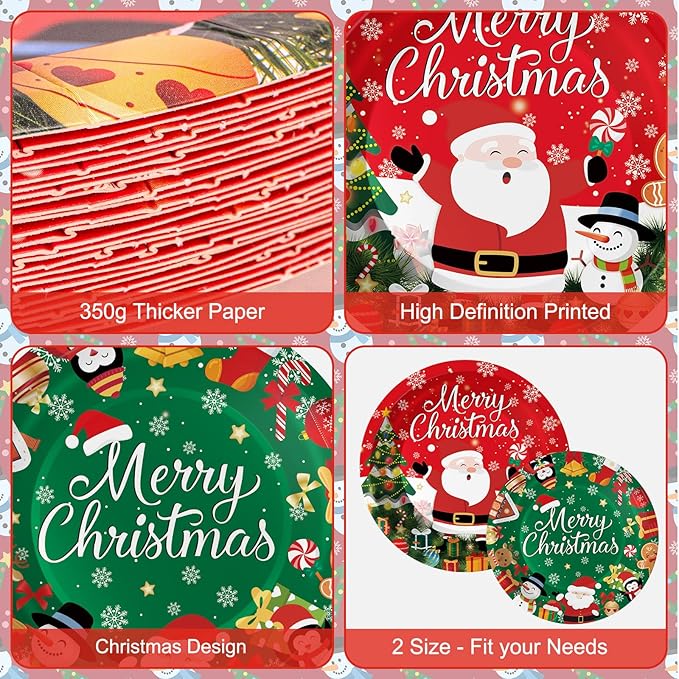 24 Pcs Merry Christmas Paper Plates - Cute Round Christmas Plates, Santa Claus Snowmen Dinner Dessert Plate Disposable Dinnerware Set for Winter Holiday Xmas Party Table Decorations Supplies Favors
