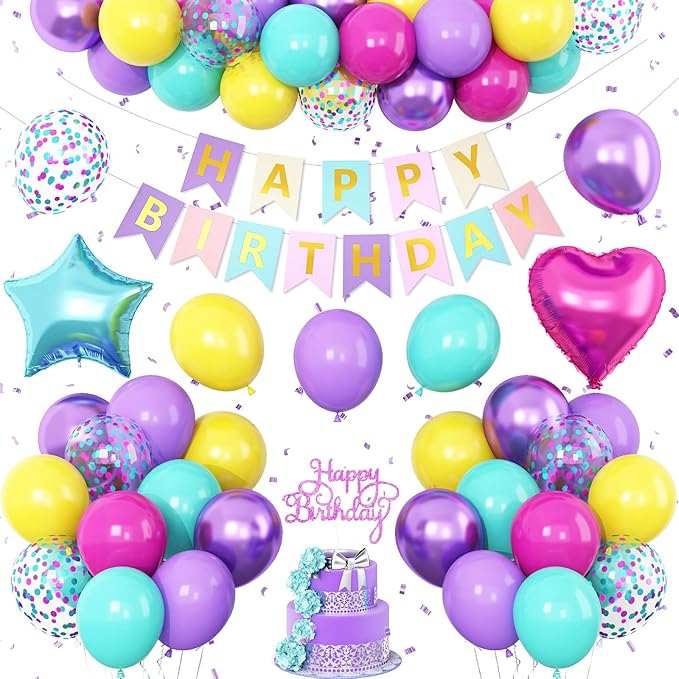 Pink Blue Purple Birthday Decorations for Women Girls, Hot Pink Blue Latex Balloon Decor Happy Birthday Banner Star Heart Foil Balloons Cake Topper Party Supplies