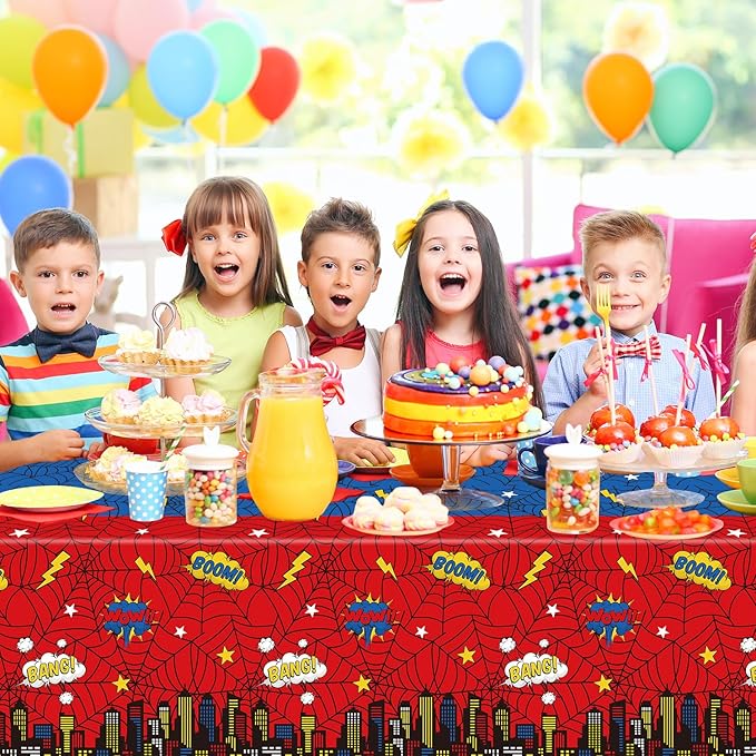 4Pack Spider Web Themed Birthday Party Tablecloths Red Blue Cartoon Plastic Table Cover City Web Theme Table Cloth for Baby Shower Kids Boys Birthday Party Supplies 86X51inches