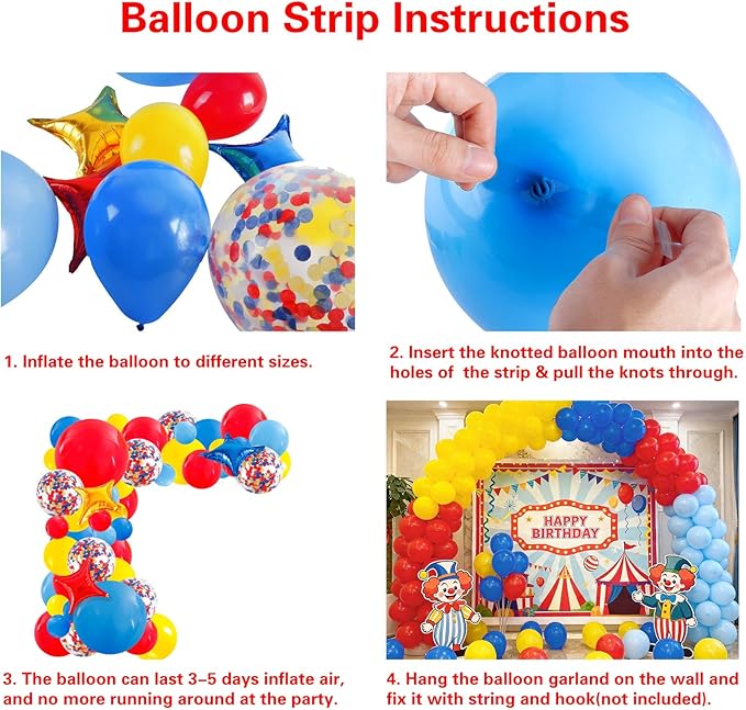 RUBFAC Carnival Circus Balloon Garland Arch Kit, 120pcs Red Blue Yellow Primary Color Balloons Rainbow Multicolor Confetti and Star Foil Balloons for Birthday Party Carnival Theme Decorations
