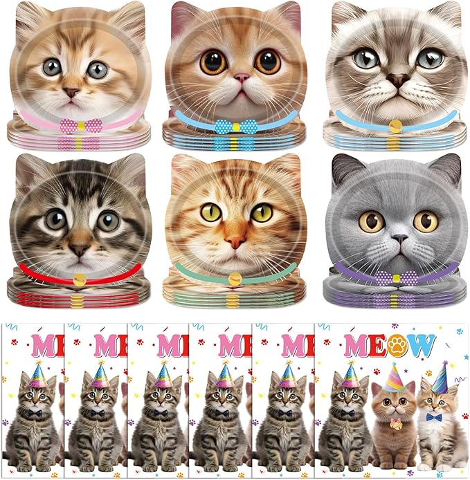 96 PCS Cat Birthday Decorations Kitten Party Disposable Tableware with Party Paper Plates and Cat Napkins Dinnerware Kit for Cats Themed Birthday Parties Supplies Serves 48 Guests