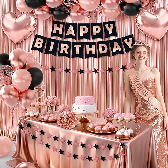 Rose Gold Birthday Decorations, 44Pcs Black & Rose Gold Birthdays Decorations for Women Include Birthday Girl Sash Crown Fringe Curtain & Foil Balloons for Women Girls Party Supplies