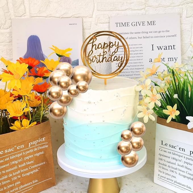 Gyufise 30Pcs Mini Balloon Cake Topper Gold Foam Ball Cake Picks Cupcake Faux Pearl Balls DIY Cake Insert Topper Decoration for Anniversary Graduation Birthday Party Baby Shower Supplies