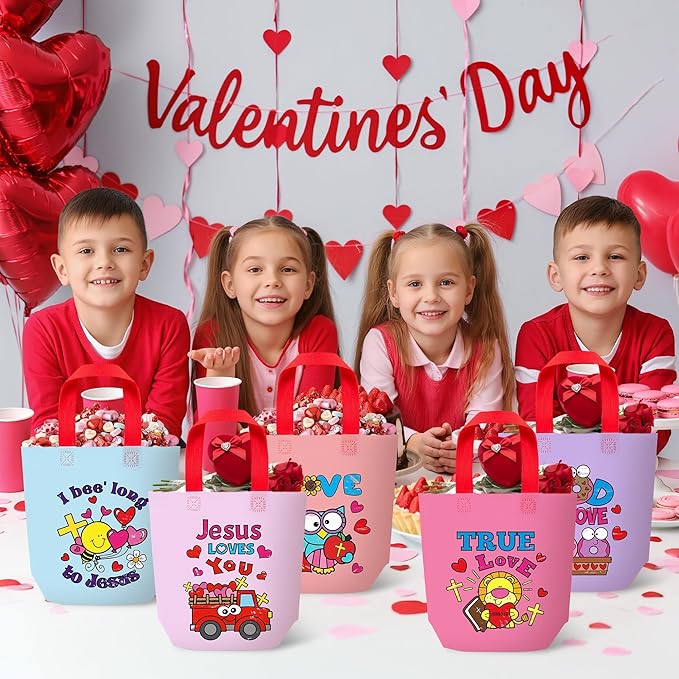 Valentine's Day Cartoon Coloring Goodie Bag for Kids - 24Pcs Christian Bulk Color Your Own Gift Bag with Handle Religious Reusable Coloring Non Woven Tote Bag for Valentine Party DIY Painting Craft