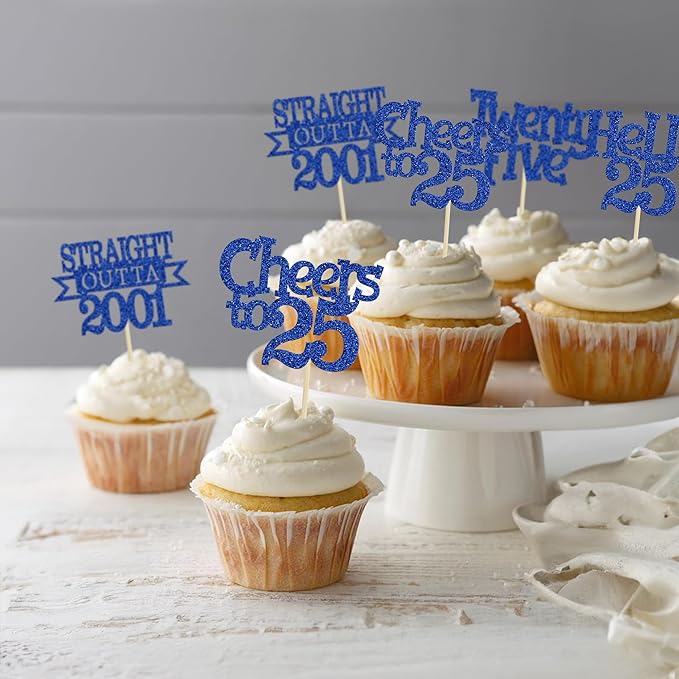 Ephlyn 24Pcs 25th Birthday Cupcake Toppers Glitter Straight Outta 2001 Cupcake Picks Hello 25 Cheers to 25 Years Cake Decorations for 25th Birthday Anniversary Party Decorations Supplies Blue