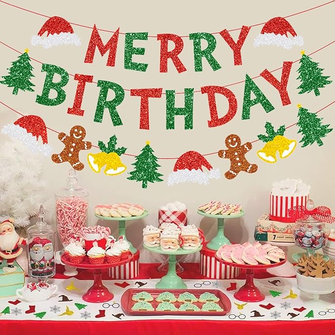 Zwiebeco Merry Christmas Birthday Party Decorations Red Green Banner Hanging Paper Tree Gingerbread Man Bells Hat Sign for Xmas Wall Home Garden Outdoor Accessories Supplies