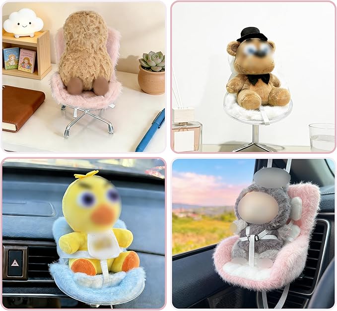 Doll Car Seat for 3–8 inch Figures, Fits Character Plushes, Blind Box Dolls & Vinyl Collectibles, Includes Air Vent Clip & Desktop Stand, Cute Car Ornament for Collectors