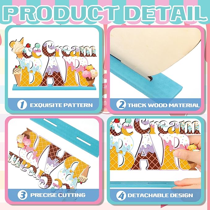 6 Pcs Ice Cream Table Wooden Decorations Ice Cream Sign Centerpiece Summer Home Decor Bar Party Decorations for Kids Birthday Party Summer Wedding Supplies