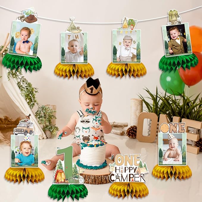 One Camper Birthday Decorations, 8pcs Camping 1st Birthday Photo Table Honeycomb Centerpiece for Camping Camper Campfire Theme One Year Old Birthday Party Supplise