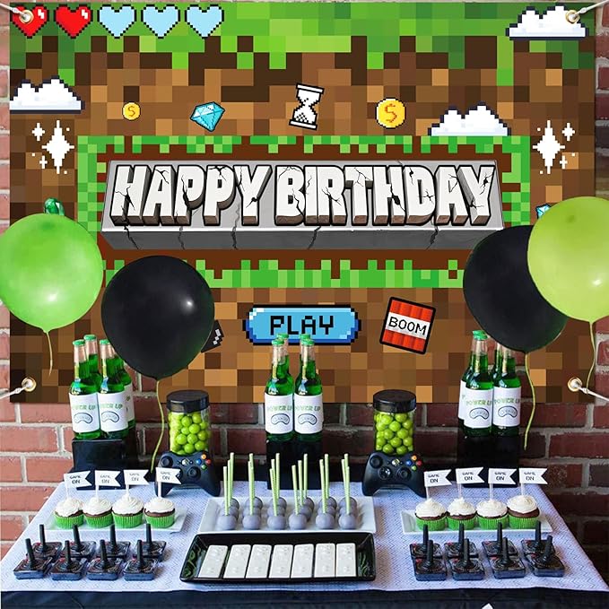 Pixel Birthday Party Decorations Pixel Video Game Banner for Miner Birthday Party Backdrop Photo Background Wall Decor Mining Party Supplies