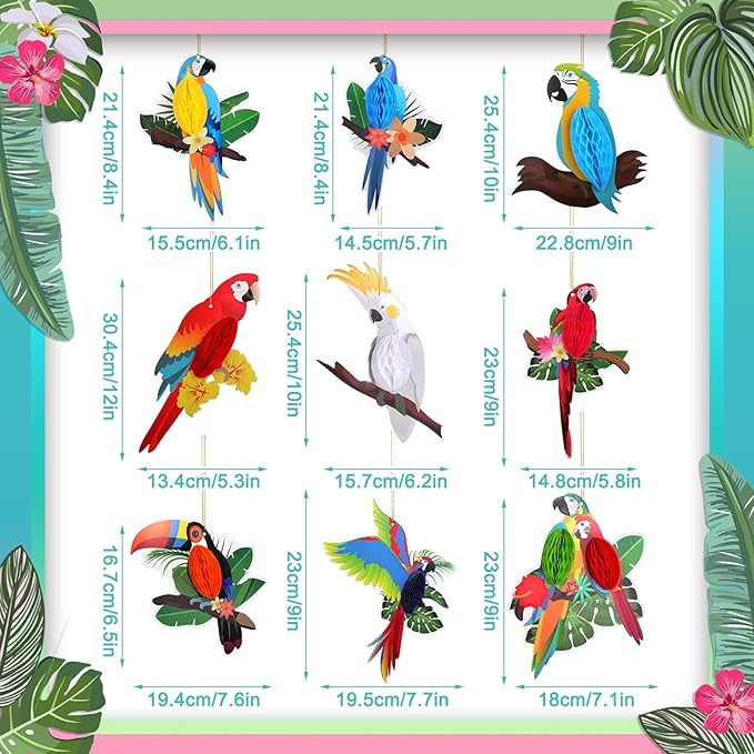 Spakon 9 Pieces Tropical Birds Honeycomb Paper Cutouts Rio Luau Party Hanging Decorations Rainforest Hanging Paper Birds Hawaiian Parrot Honeycomb Cutouts for Luau Party Decor