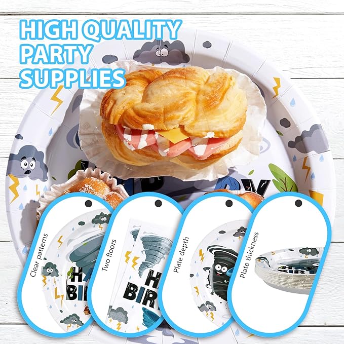 Grencian 96Pcs Tornado Birthday Party Decorations Blue Grey Tornado Birthday Plates and Napkins Disposable Paper Tableware for Boys Girls Kids Baby Shower Party Supplies, Serves 24