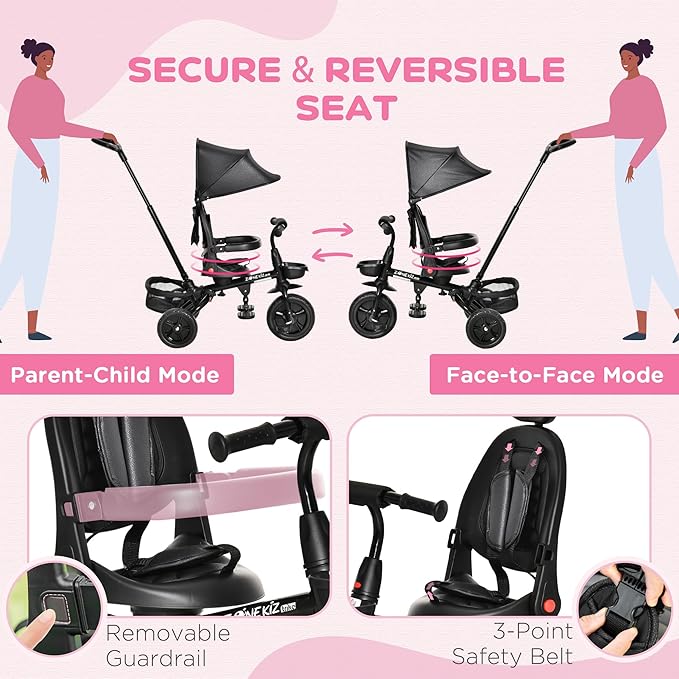 Qaba Kids Tricycle, 4 in 1 Foldable Trike with Reversible Seat, Adjustable Parent Handle, Safety Harness, Wheel Brakes, Removable Canopy, Storage, Tricycle for Toddlers 1-5 Years, Black