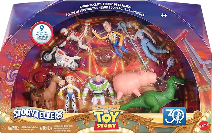 Mattel Disney and Pixar Toy Story Storytellers Figure Pack, 9 Figures & Vehicle, Woody Buzz Rex Forky Bo Peep Duke Caboom & Toy Motorcycle, Carnival Crew