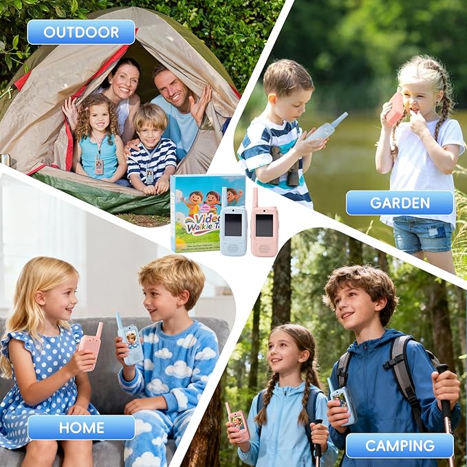 2-Pack Kids Walkie Talkies with Video Calling, No Wi-Fi Needed for 2-Way Video Chat, Rechargeable Handheld Video Intercom for Indoor Outdoor Play, Camping, Gift for Boys Girls Ages 3-12 (Blue/Pink)