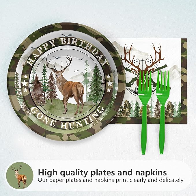 96Pcs The Big One Hunting 1st Birthday Party Decorations The Big One Plates and Napkins Disposable Hunting Camo Tableware Set for Boy Gone Hunting Deer Camo Theme First Birthday Party Supplies Serve24
