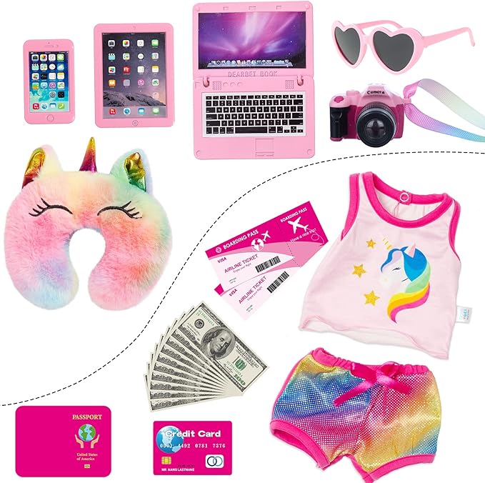 23 Pcs American 18 inch Doll Clothes and Accessories - Suitcase Luggage , Pillow, Sunglasses, Camera, Passport, Mobile Phone , Computer Doll Travel Gear Play Set (No Dolls)