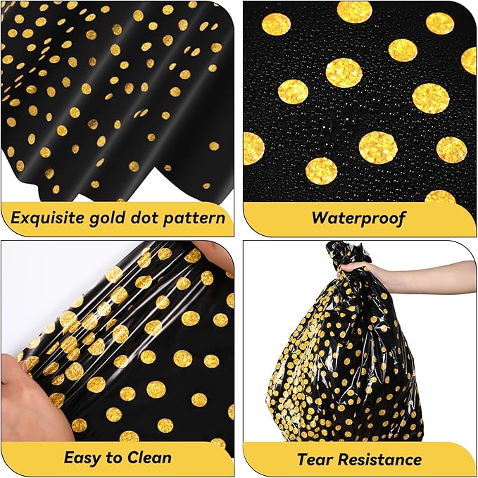 VitalCozy Round Dot Tablecloth 84 Inch Plastic Table Cover Polka Dot Confetti Tablecloths for Easter 2026 Graduation Prom Wedding Birthday Spring Party Supplies(Black and Gold,3 Pcs)