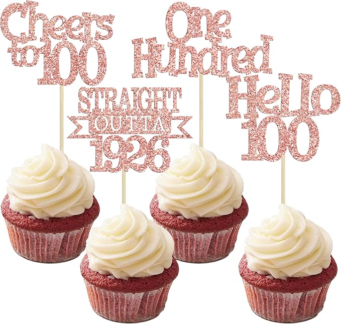 Ephlyn 24Pcs Happy 100th Birthday Cupcake Toppers Glitter Cupcake Picks Hello 100 Cheers to 100 Years Birthday Cake Decorations for 100th Birthday Anniversary Party Supplies Rose Gold