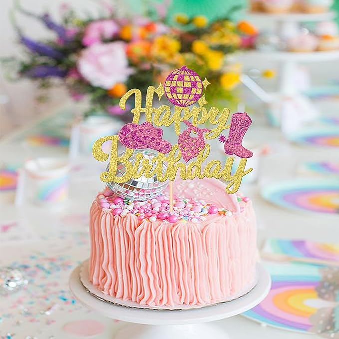 1 PCS Glitter Western Cowgirl Birthday Cake Topper - Disco Cowgirl Cake Decorations for Western Rodeo Theme Girls Birthday Party Supplies - Gold
