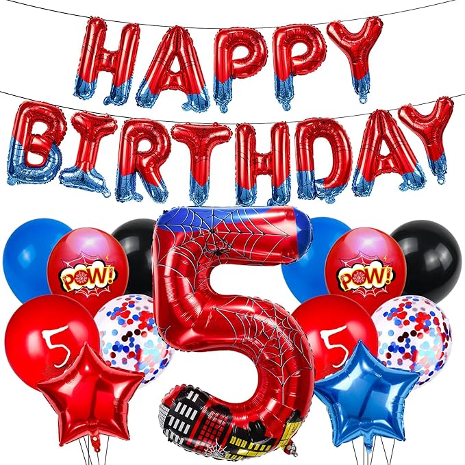 Cartoon Hero 40 Inch Red and Blue Spider Theme Number Foil Birthday Decoration Balloon, Spider Theme Happy Birthday Banner Party Decoration Balloon, Letter Logo Superhero Party Supplies (5)
