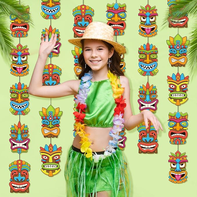 Pasimy 8 Pieces Hawaiian Party Decorations Hawaiian Tiki Hanging Banner Aloha Luau Garlands Banners for Summer Tropical Theme Birthday Party Supplies