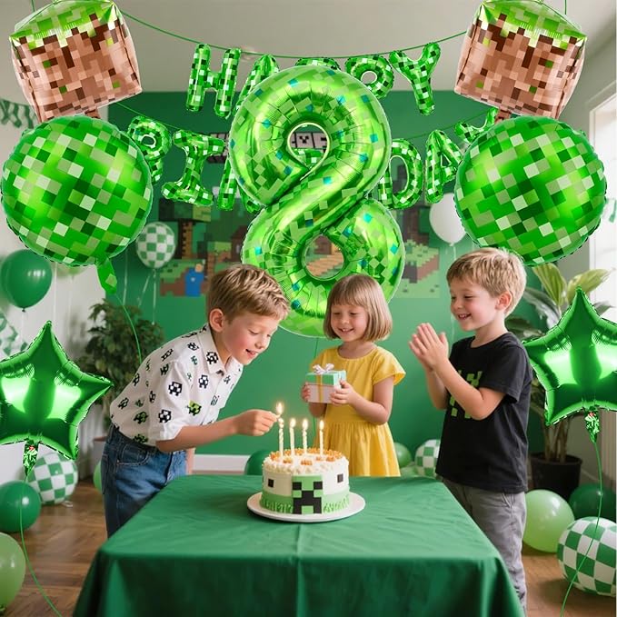 Green Pixel Themed Happy Birthday Banner Party Decorations Set Including 40 Inch Number 8 Foil Balloons, Themed Party Essentials, TNT Pixel Backdrop Supplies for Boys Indoor Outdoor Celebration