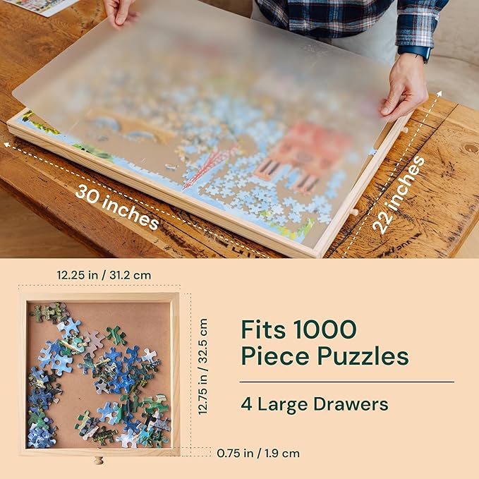 PlayVibe 1000 Piece Puzzle Board with Drawers and Cover - Portable Wooden Jigsaw Puzzle Tray with Drawers, Solve Station & Sturdy Table, Portable Outdoor Fun, Patio, Easter Gift Idea