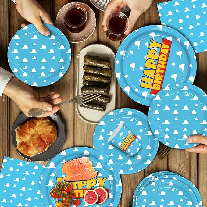 168pcs Cartoon Story Plates Napkins Birthday Party Decorations Disposable Paper Cups Blue Forks Tableware Set Blue Sky White Cloud Party Supplies for Boy kids Birthday Decor Serves 24