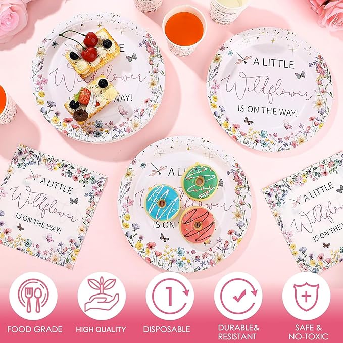 Hushee 200 Pcs Baby in Bloom Baby Shower Paper Plates Napkins Cups Wildflower Party Supplies Tableware Set a Little Wildflower Is on The Way Disposable Plates for 50 Guest Spring Summer Party Decor
