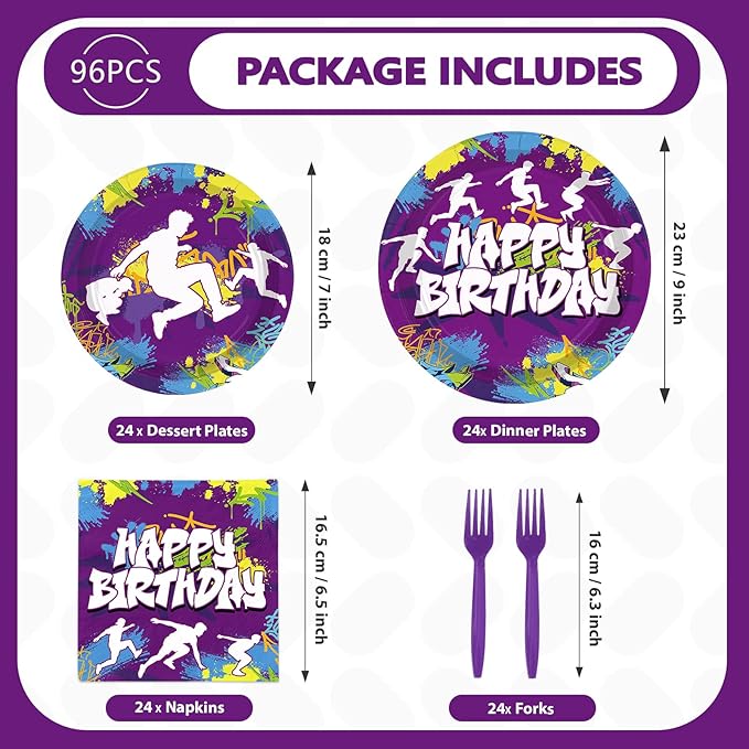 96Pcs Parkour Birthday Party Decorations Purple Happy Birthday Plates and Napkins Parkour Theme Tableware Set for Men Women Extreme Sports Run and Jump Party Supplies Serves 24