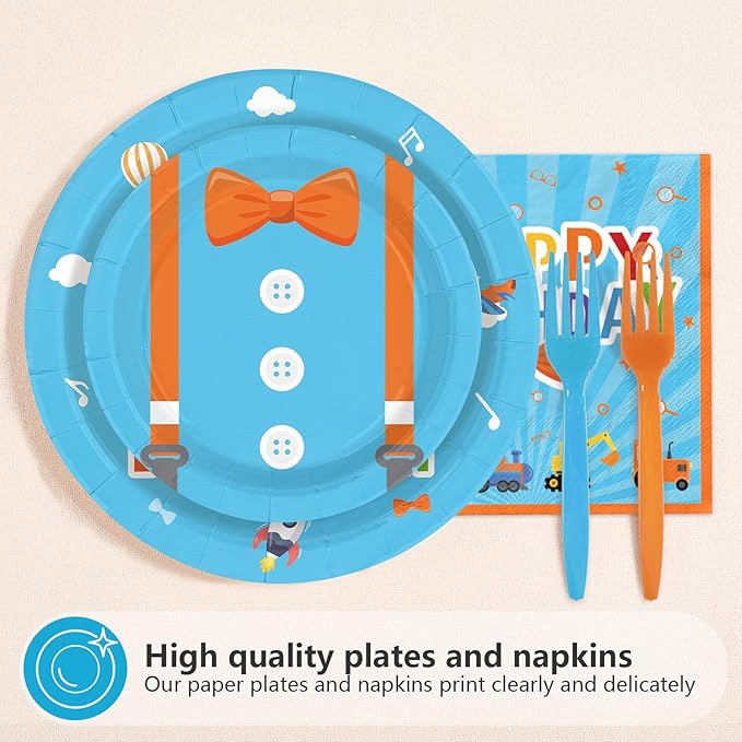 96Pcs Cartoon Teacher Theme Party Supplies Happy 4th Birthday Plates and Napkins Orange Blue Theme Tableware Set for 4th Boys Teenagers Cartoon Birthday Party Decorations Serves 24