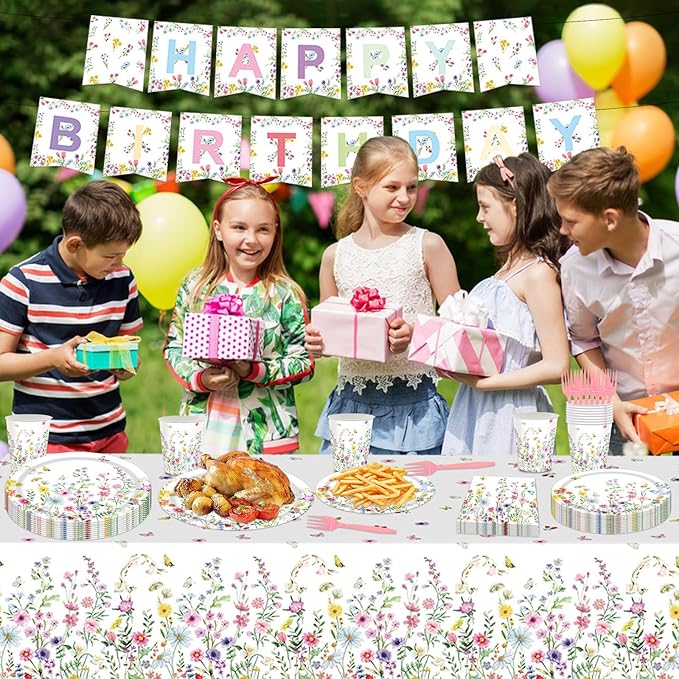 82PCS Spring Floral Party Supplies: Pink & White Floral Dinnerware Set with 16pcs Plates, Napkins, Cups & Forks, 'HAPPY BIRTHDAY' Banner, Tablecloth for Birthday Parties