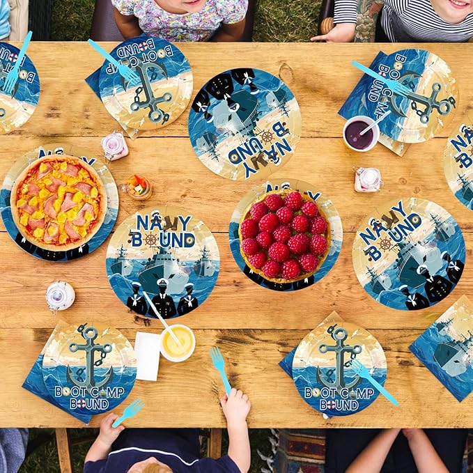 96Pcs Navy Party Supplies Navy Bound Theme Plates and Napkins Blue Military Tableware Set for Boys Men Nautical Baby Shower Anchor Birthday Party Decorations Serves 24