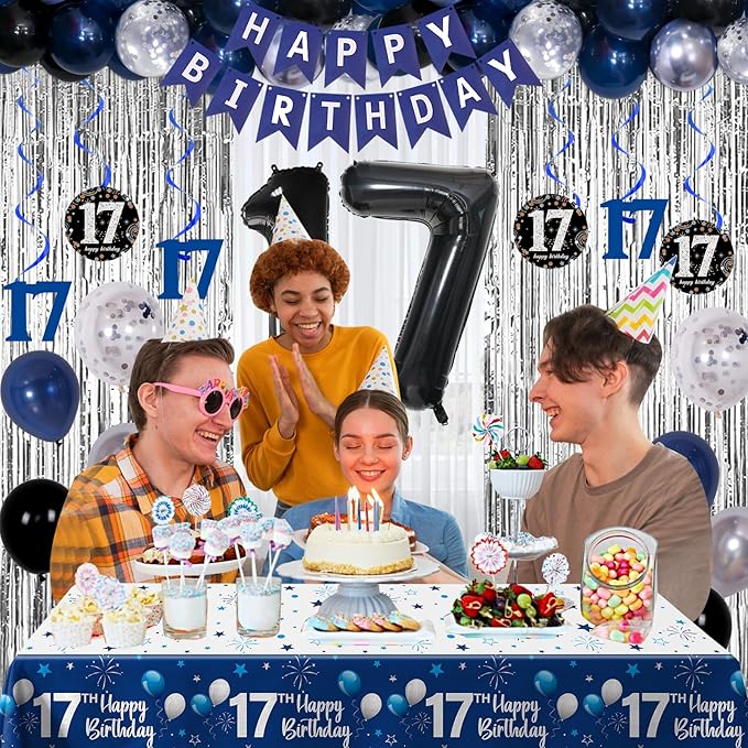 17th Birthday Decorations for Boys and Girls Dark Blue, 17 Birthday Decorations with HAPPY BIRTHDAY Banner 17 Balloon Number Tablecloth Foil Star Balloons Garland Arch Kit-17 Year Old Party Supplies
