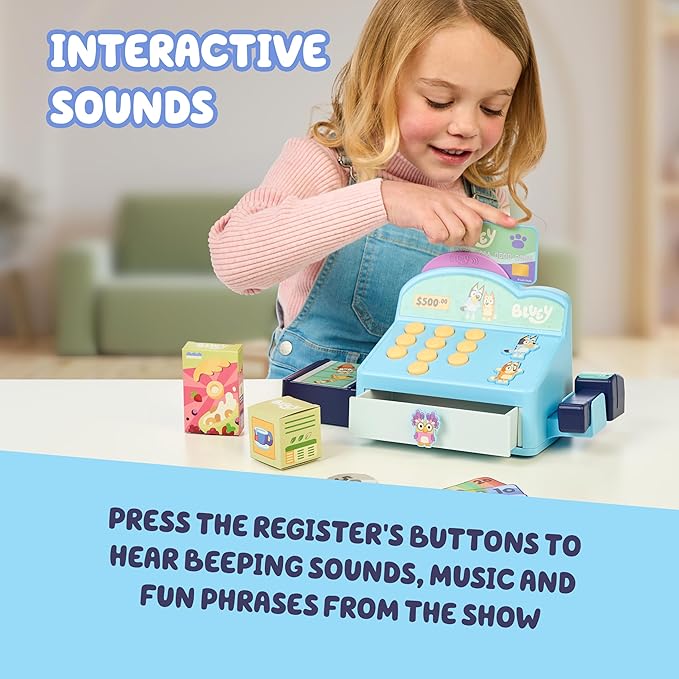 Bluey Cash Register Playset, Interactive Play Register with Detachable Scanner, Toy Credit Card, and Dollar Bucks, Shopping Toys for Kids Ages 3+