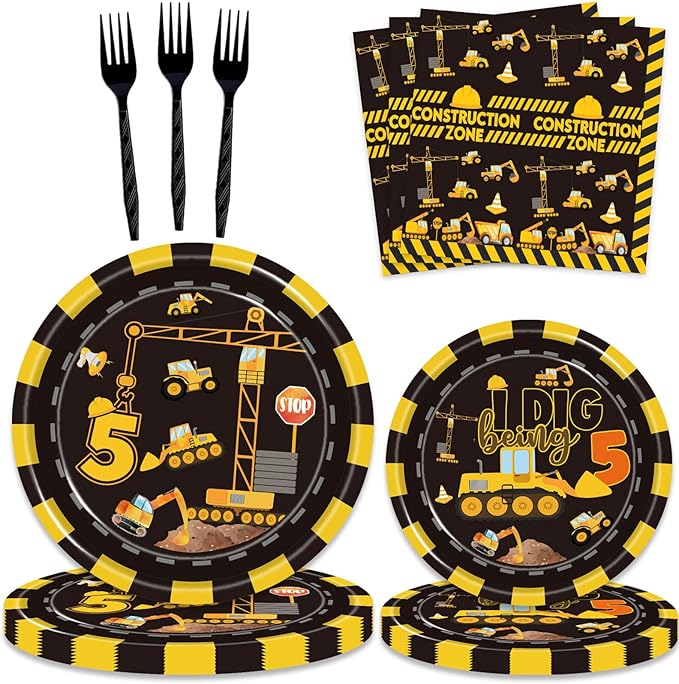 132 Pcs Construction 5th Birthday Party Supplies Dump Truck Theme Five Tableware Includes Hanging Swirl, Banner, Plates, Cups, Tablecloth for Boys Construction Five Years Old Bday Party Decorations
