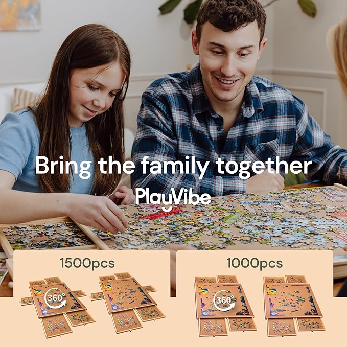 PlayVibe 1000 Piece Puzzle Board with Drawers and Cover - Portable Wooden Jigsaw Puzzle Tray with Drawers, Solve Station & Sturdy Table, Portable Outdoor Fun, Patio, Easter Gift Idea