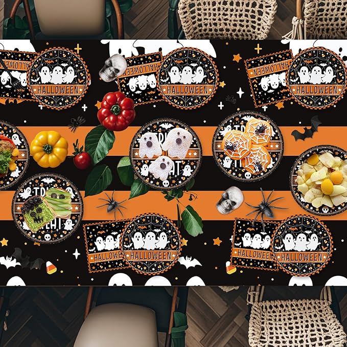 150 Pcs Happy Halloween Plates and Napkins Set - Trick or Treat Ghost Paper Tableware, Disposable Dinner Dessert Paper Plates Napkins Kit for Halloween Table Decorations Party Supplies, Serve 50