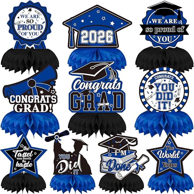 10 PCS Graduation Party Decorations Class of 2026,Blue and Black Congrats Grad Honeycomb Centerpiece Congratulate Graduation Table Topper Decor for Graduation Party Favor Supplies