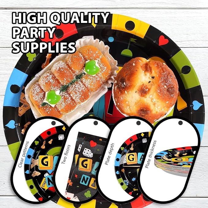 Grencian 96Pcs Game Night Party Supplies Black Family Game Party Decorations Plates and Napkins Disposable Family Gamer Paper Tableware Set for Kids Adults Birthday Games On Favors Serves 24