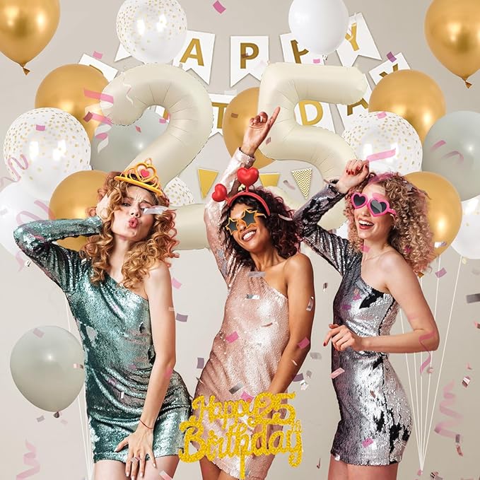 25th Happy Birthday Decorations, Sand White Birthday Decorations With Cream White 25 Number Balloons Beige Latex Helium Balloon Champagne Fringe Curtain Cake Topper Banner For 25th Party Supplies