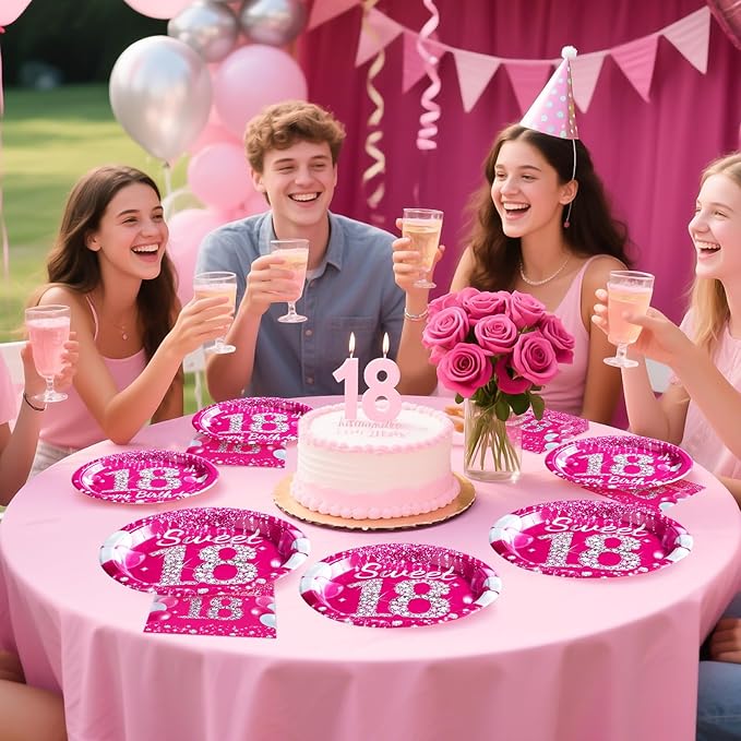 Grencian 96 Pcs 18th Birthday Party Supplies Hot Pink Sweet 18 Years Old Plates and Napkins Disposable Tableware Set Eighteen Birthday Decorations for Girls Happy 18th Birthday Party Favors Serves 24