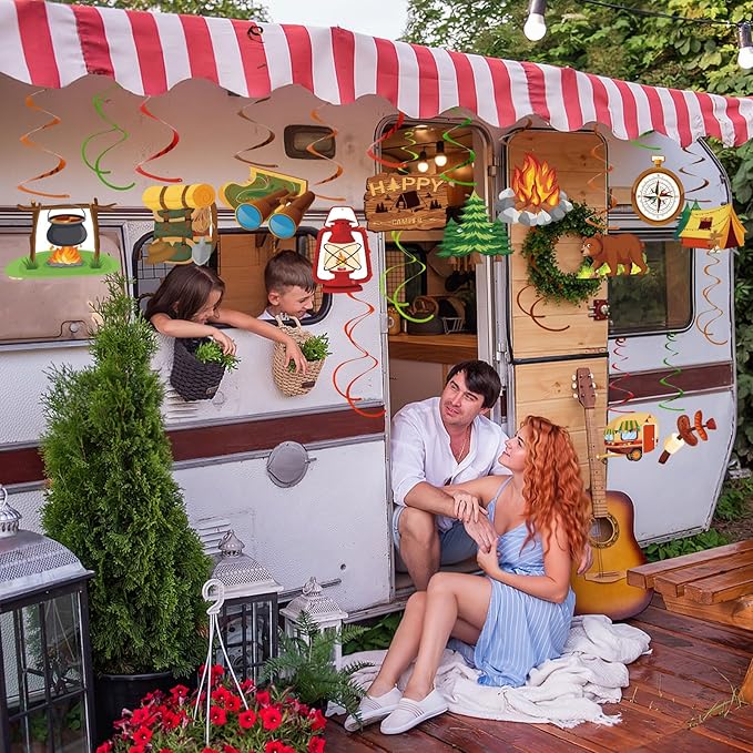 58 Pcs Camping Party Hanging Swirls Camping Themed Party Decorations Campings Adventure Sign Foil Swirls Ceiling Decorations for Kids Adults Campings Theme Party Indoor Outdoor Baby Shower