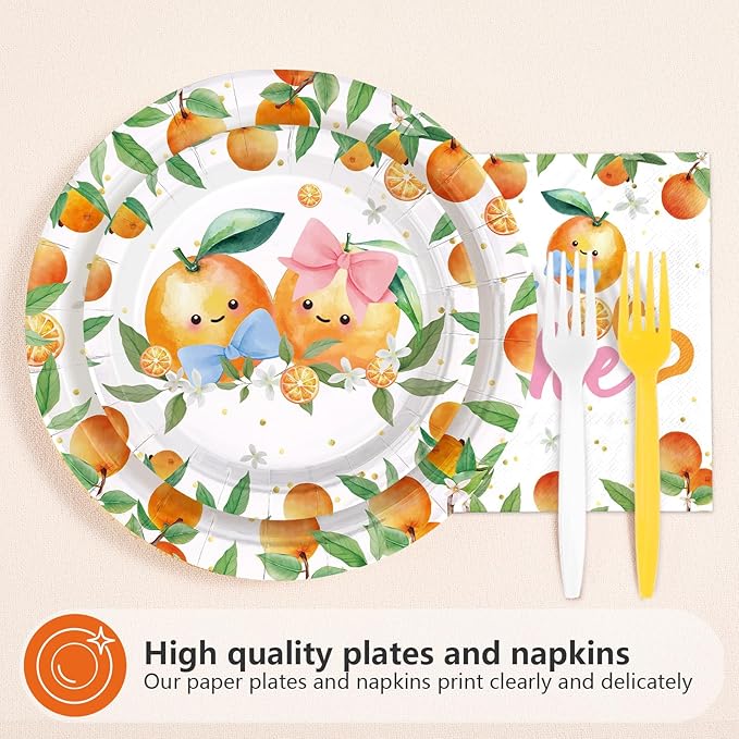 96 Pcs Little Cutie Gender Reveal Party Decorations Orange Theme Plates and Napkins Cute Orange Tableware Set for He or She Gender reveal Baby Shower Party Supplies, Serves 24