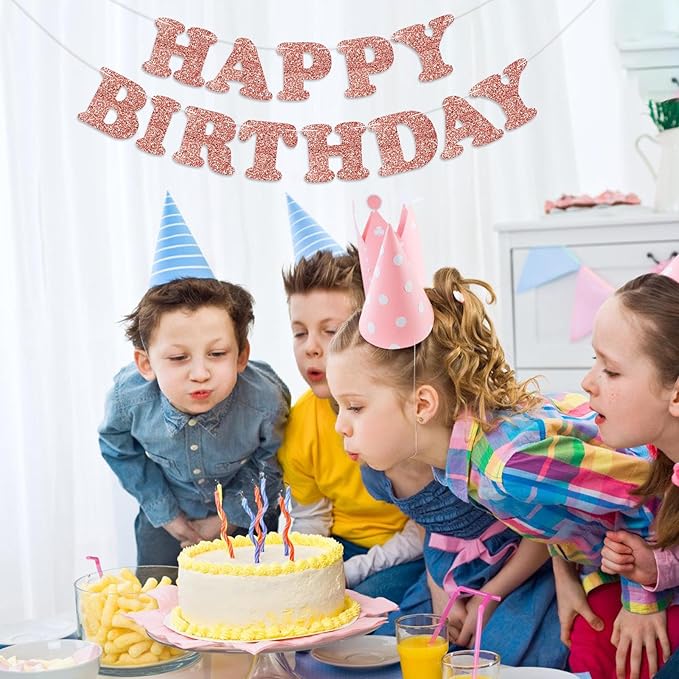 Glitter Rose Gold Happy Birthday Banner Birthday Party Decorations Sign Garland Bunting Banner for Wall Decor Party Background for Kids Boys Girls Adults