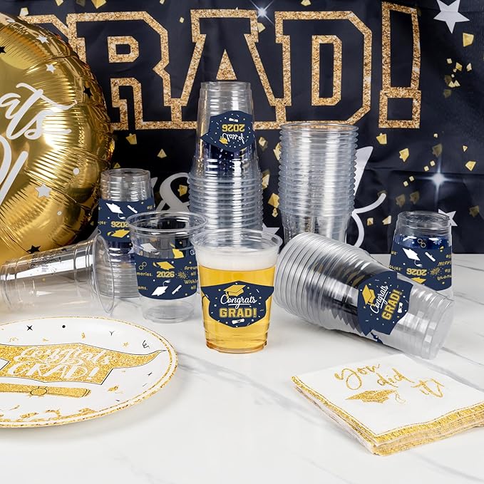 GuassLee Navy Blue and Gold Graduation Decorations Class of 2026, 50 Pack 12 oz Graduation Plastic Disposable Cups for Drinks 2026 School Grad Party Favors Supplies